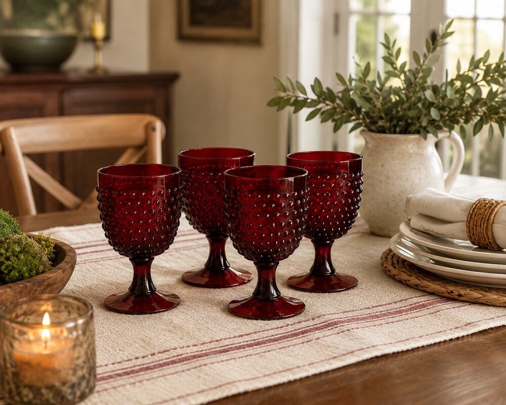 Vintage Ruby Red Hobnail Glass Water Goblets Set of 4 10 Oz Mid Century